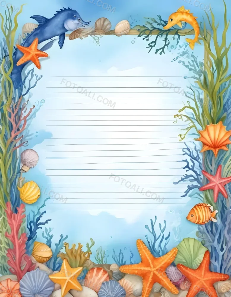 Digital Painting A Stationery Paper With A Marine Life Frame Including Seahorses Starfish Seaweed Shells And Colorful Fish With A Blue Watercolor Background Bold And Slim Lines Brush Strokes 28 6bea