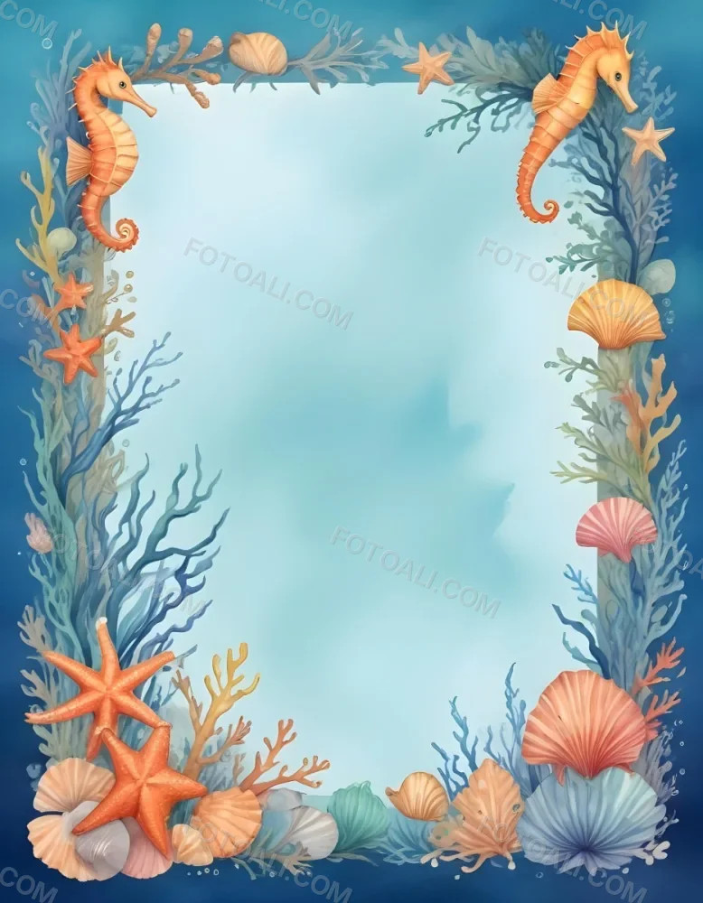 Digital Painting A Stationery Paper With A Marine Life Frame Including Seahorses Starfish Seaweed Shells And Colorful Fish With A Blue Watercolor Background Bold And Slim Lines Brush Strokes 35 0c3f