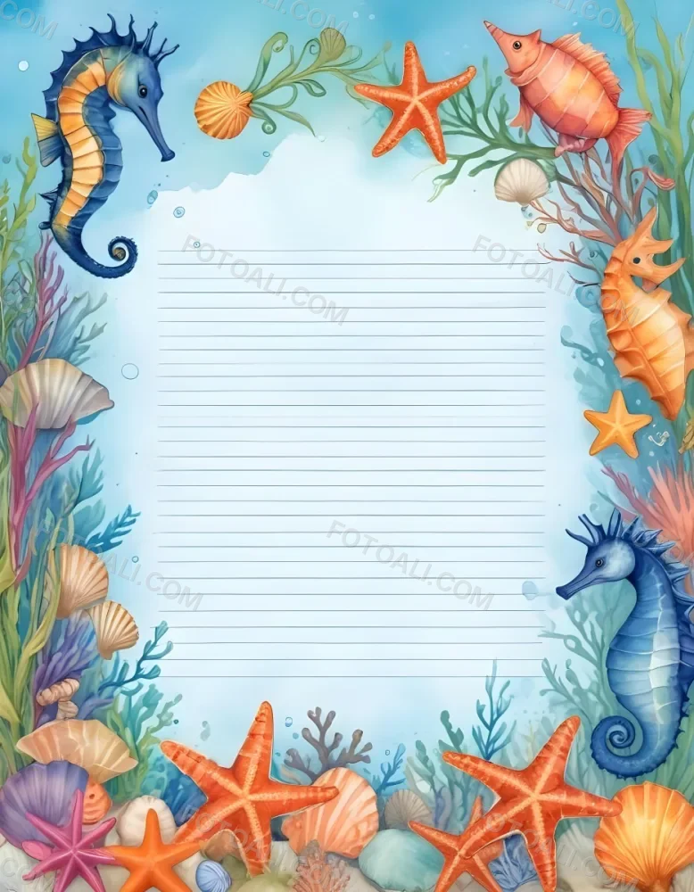 Digital Painting A Stationery Paper With A Marine Life Frame Including Seahorses Starfish Seaweed Shells And Colorful Fish With A Blue Watercolor Background Bold And Slim Lines Brush Strokes 39 Bf6c