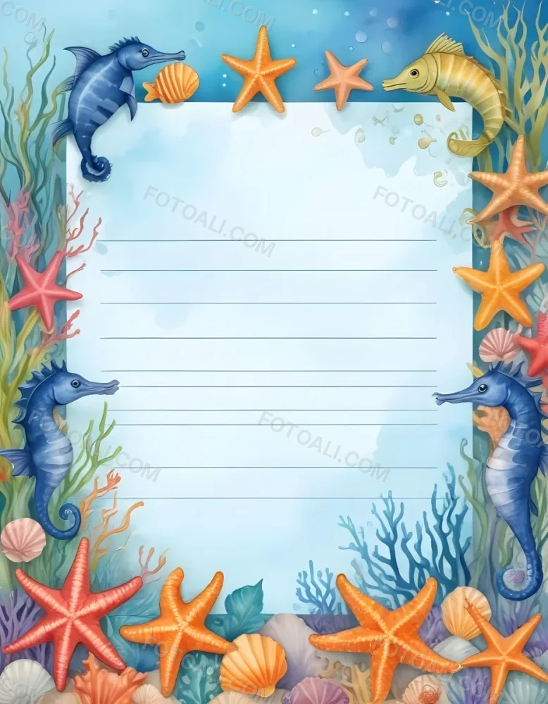 Digital Painting A Stationery Paper With A Marine Life Frame Including Seahorses Starfish Seaweed Shells And Colorful Fish With A Blue Watercolor Background Bold And Slim Lines Brush Strokes 45 3596