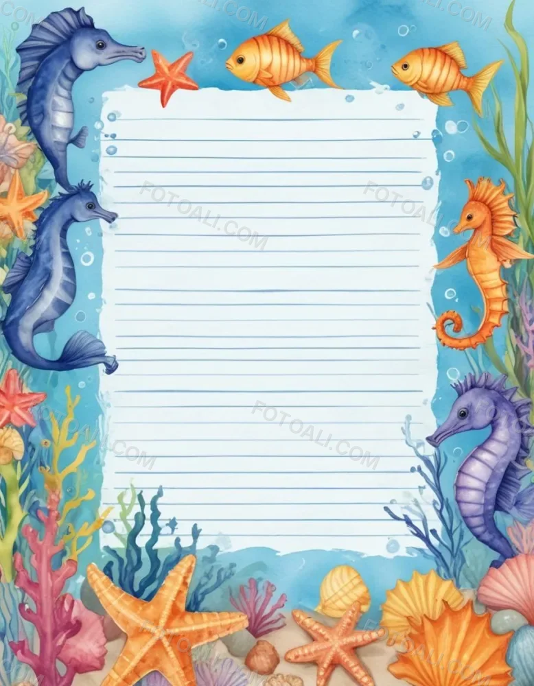 Digital Painting A Stationery Paper With A Marine Life Frame Including Seahorses Starfish Seaweed Shells And Colorful Fish With A Blue Watercolor Background Bold And Slim Lines Brush Strokes 46 E7a3