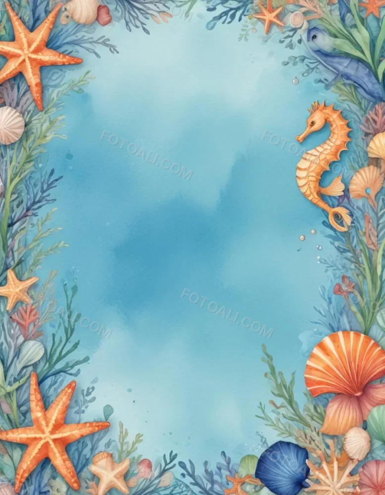 Digital Painting A Stationery Paper With A Marine Life Frame Including Seahorses Starfish Seaweed Shells And Colorful Fish With A Blue Watercolor Background Bold And Slim Lines Brush Strokes 47 E8af