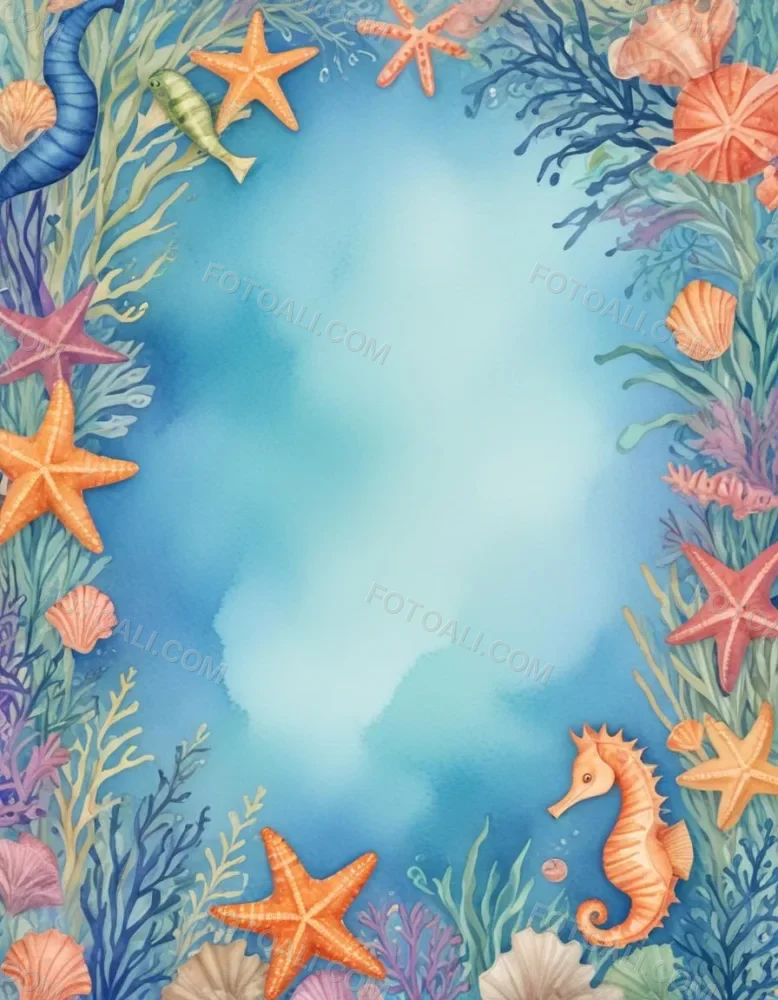 Digital Painting A Stationery Paper With A Marine Life Frame Including Seahorses Starfish Seaweed Shells And Colorful Fish With A Blue Watercolor Background Bold And Slim Lines Brush Strokes 48 80a3