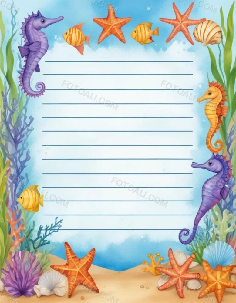 Digital Painting A Stationery Paper With A Marine Life Frame Including Seahorses Starfish Seaweed Shells And Colorful Fish With A Blue Watercolor Background Bold And Slim Lines Brush Strokes 49 E12a