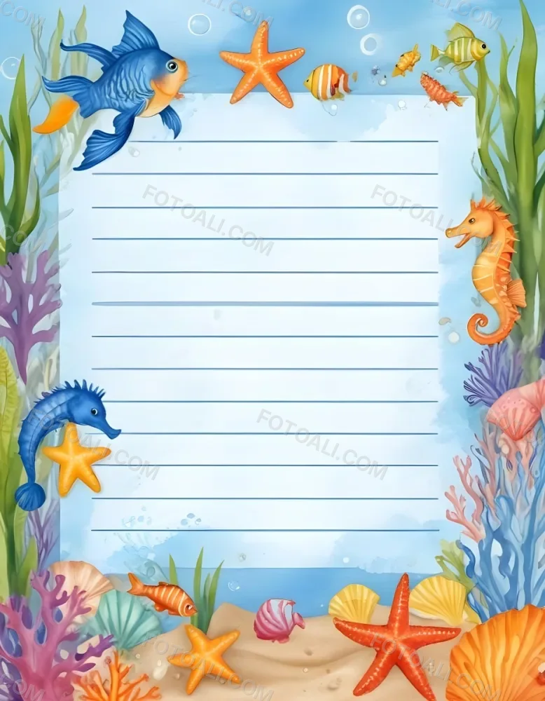 Digital Painting A Stationery Paper With A Marine Life Frame Including Seahorses Starfish Seaweed Shells And Colorful Fish With A Blue Watercolor Background Bold And Slim Lines Brush Strokes 5 1e67