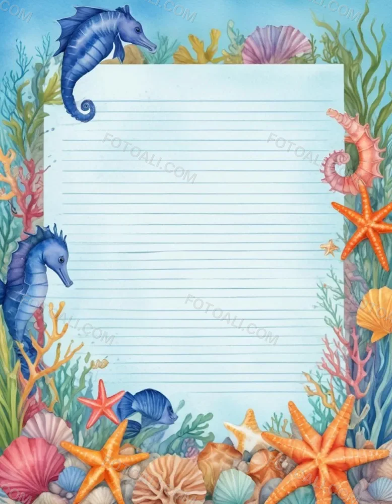 Digital Painting A Stationery Paper With A Marine Life Frame Including Seahorses Starfish Seaweed Shells And Colorful Fish With A Blue Watercolor Background Bold And Slim Lines Brush Strokes 50 B0ba