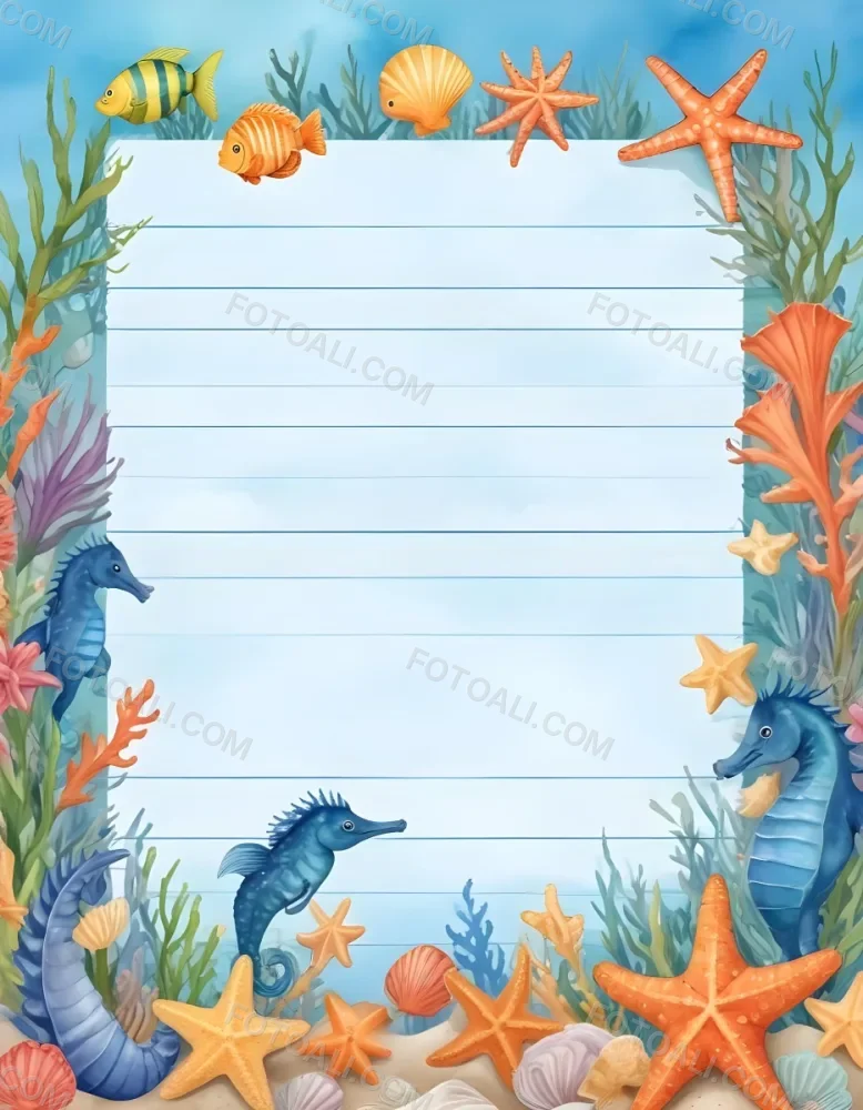 Digital Painting A Stationery Paper With A Marine Life Frame Including Seahorses Starfish Seaweed Shells And Colorful Fish With A Blue Watercolor Background Bold And Slim Lines Brush Strokes 6 7565