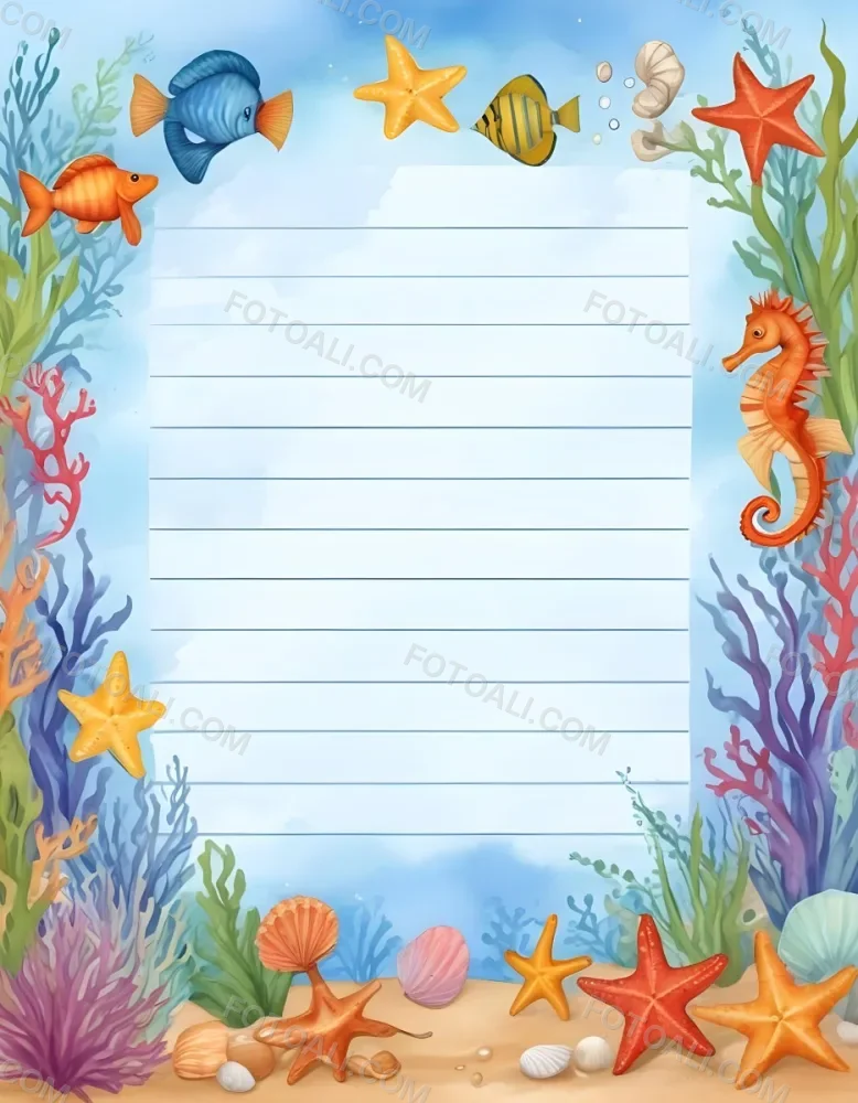 Digital Painting A Stationery Paper With A Marine Life Frame Including Seahorses Starfish Seaweed Shells And Colorful Fish With A Blue Watercolor Background Bold And Slim Lines Brush Strokes 7 7822