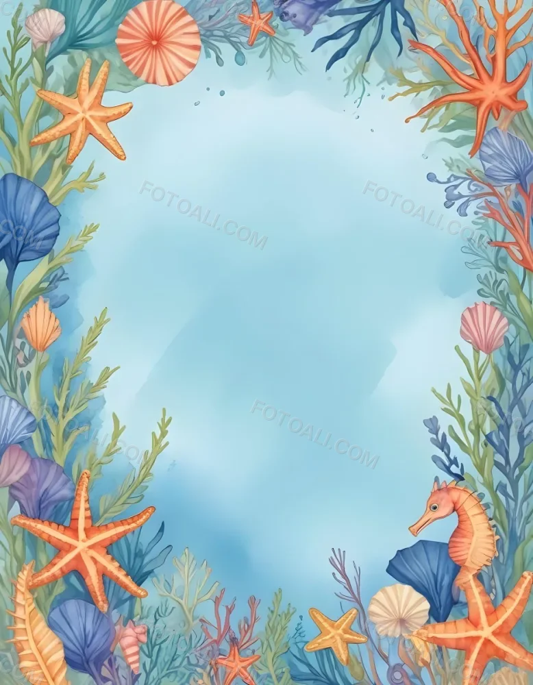 Digital Painting A Stationery Paper With A Marine Life Frame Including Seahorses Starfish Seaweed Shells And Colorful Fish With A Blue Watercolor Background Bold And Slim Lines Brush Strokes 8 9748
