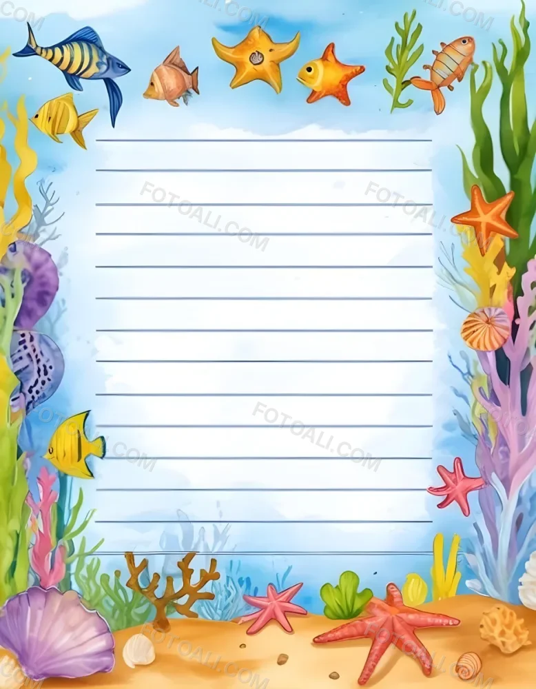 Digital Painting A Stationery Paper With A Marine Life Frame Including Seahorses Starfish Seaweed Shells And Colorful Fish With A Blue Watercolor Background Bold And Slim Lines Brush Strokes 9 Ec10