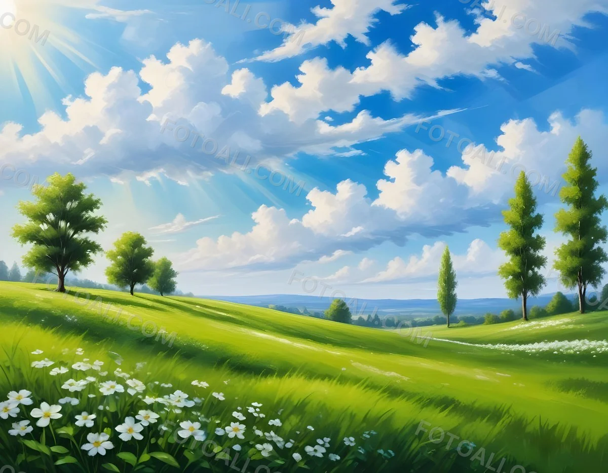 Digital Painting A Sunny Day With A Green Field White Flowers Green Trees A White Cloud And A Blue Sky With Sun Rays Bold And Slim Lines Brush Strokes 34 F3e7
