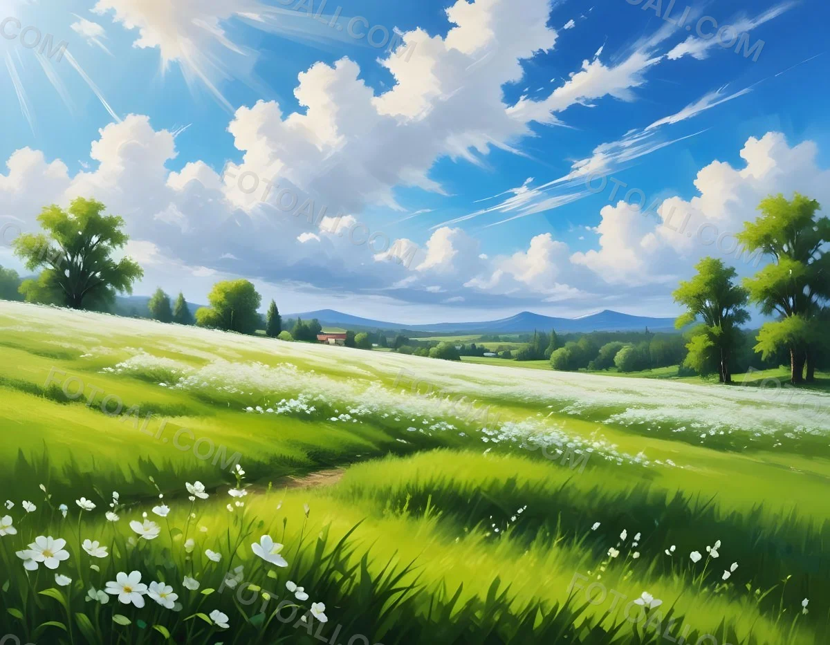 Digital Painting A Sunny Day With A Green Field White Flowers Green Trees A White Cloud And A Blue Sky With Sun Rays Bold And Slim Lines Brush Strokes 52 C60b