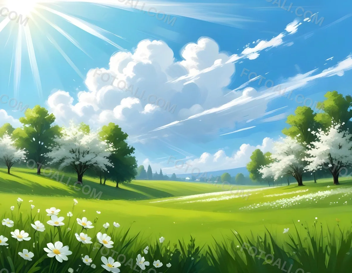 Digital Painting A Sunny Day With A Green Field White Flowers Green Trees A White Cloud And A Blue Sky With Sun Rays Bold And Slim Lines Brush Strokes 57 08ef