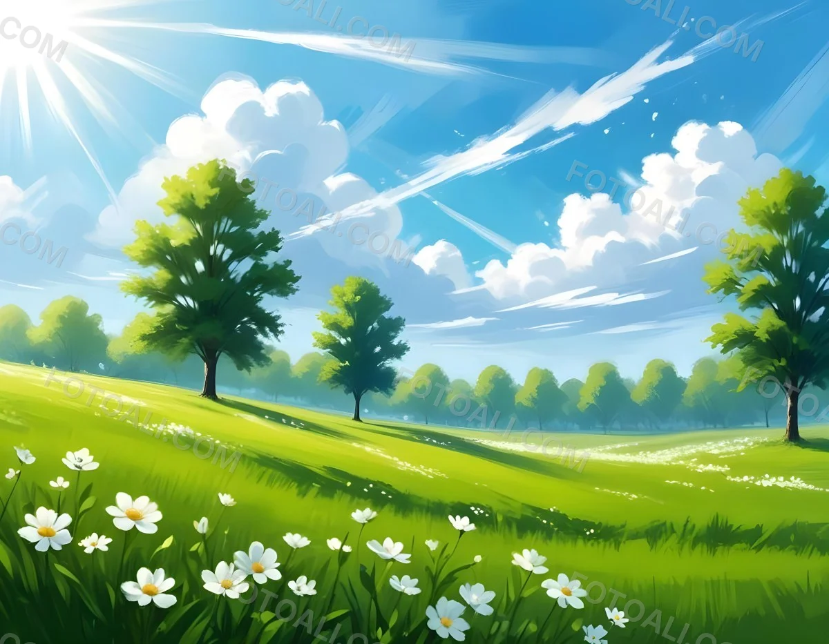 Digital Painting A Sunny Day With A Green Field White Flowers Green Trees A White Cloud And A Blue Sky With Sun Rays Bold And Slim Lines Brush Strokes 59 B7b9