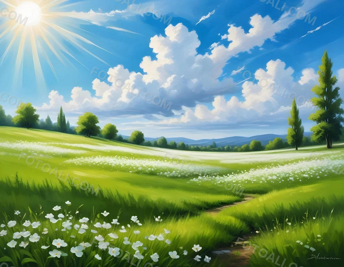 Digital Painting A Sunny Day With A Green Field White Flowers Green Trees A White Cloud And A Blue Sky With Sun Rays Bold And Slim Lines Brush Strokes 70 C248