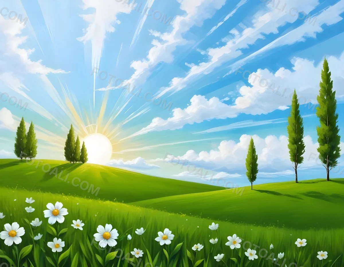 Digital Painting A Sunny Day With A Green Field White Flowers Green Trees A White Cloud And A Blue Sky With Sun Rays Bold And Slim Lines Brush Strokes 77 6aec