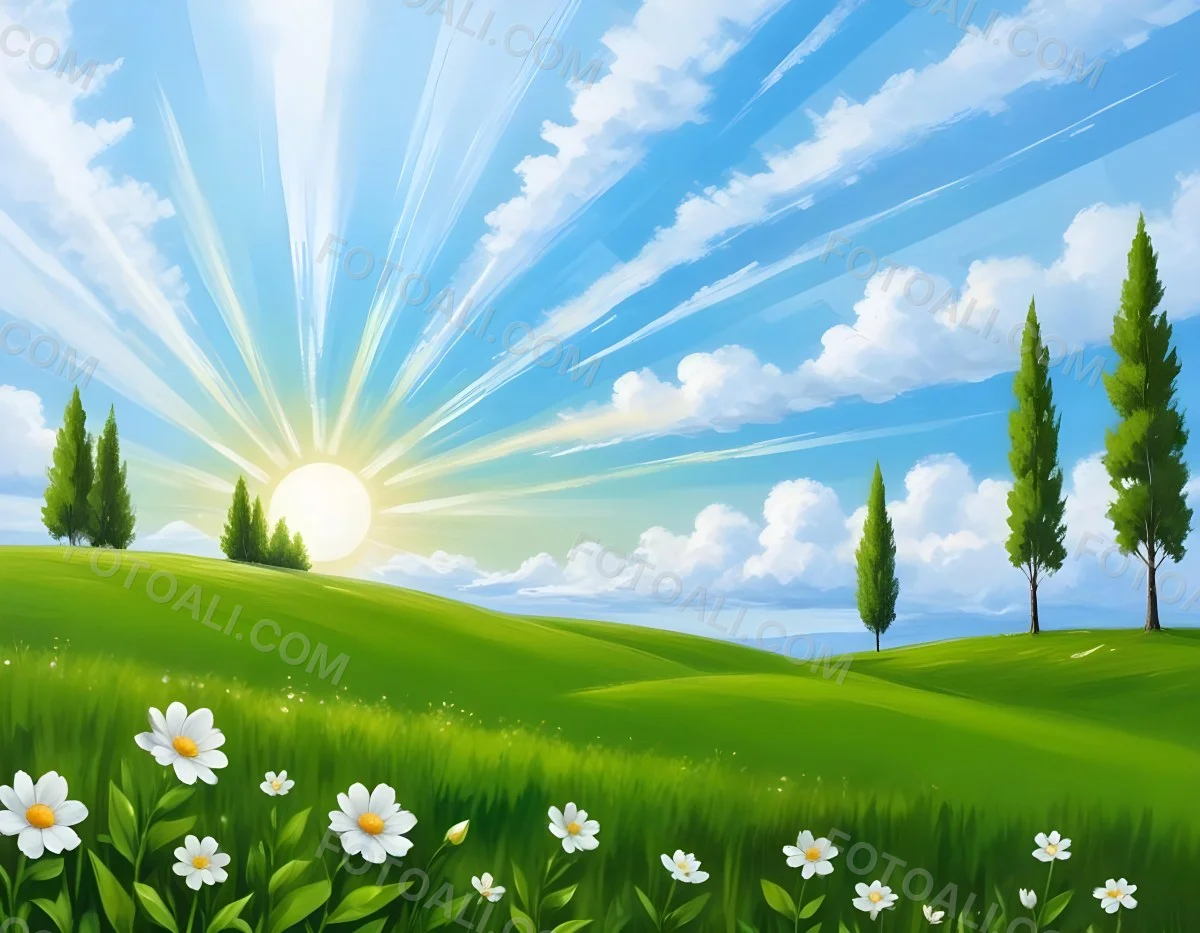 Digital Painting A Sunny Day With A Green Field White Flowers Green Trees A White Cloud And A Blue Sky With Sun Rays Bold And Slim Lines Brush Strokes 81 B287