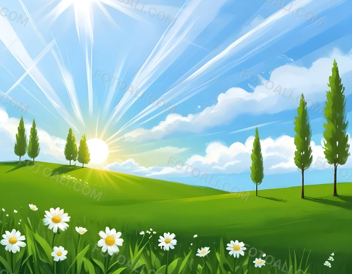 Digital Painting A Sunny Day With A Green Field White Flowers Green Trees A White Cloud And A Blue Sky With Sun Rays Bold And Slim Lines Brush Strokes 88 Bd99