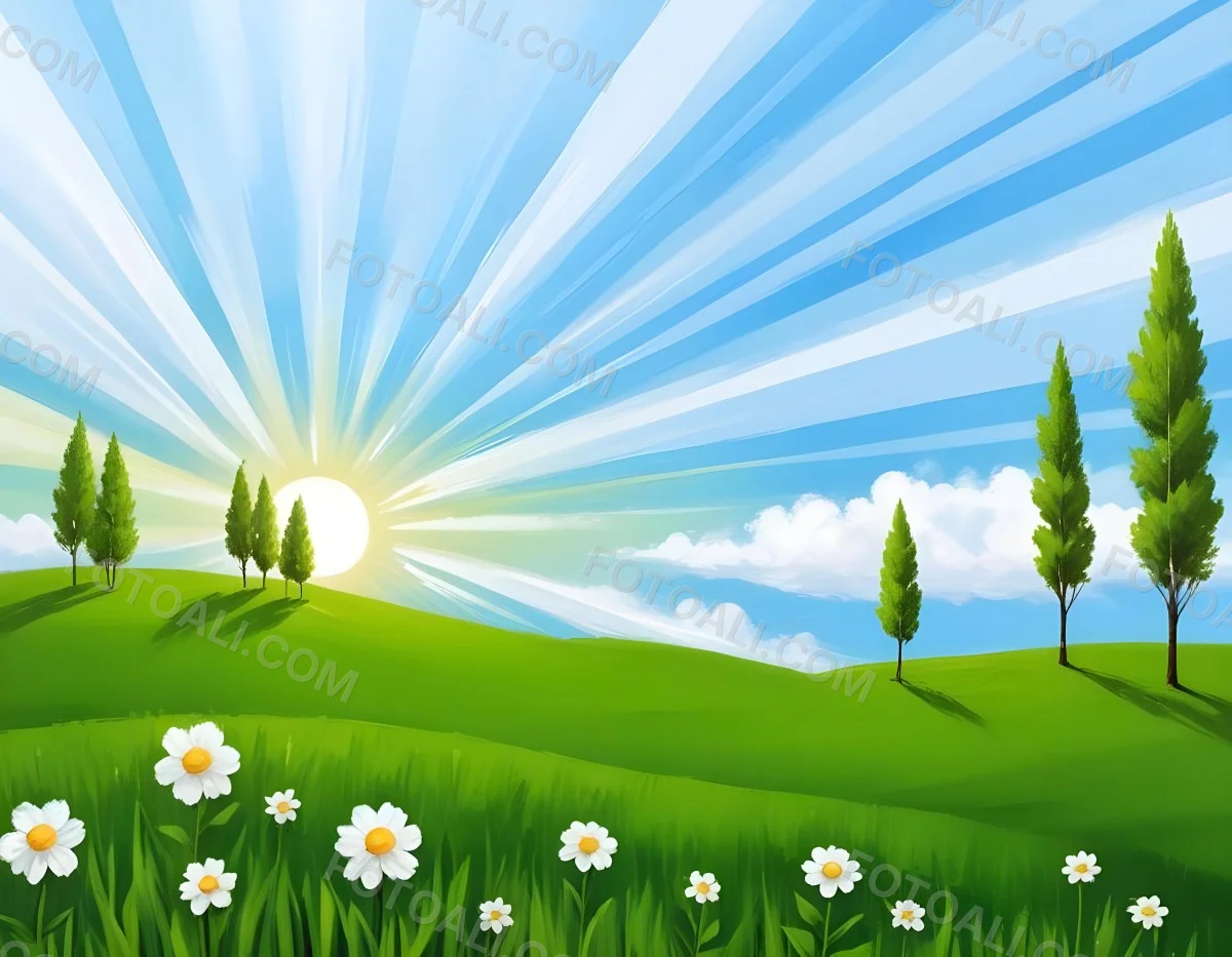 Digital Painting A Sunny Day With A Green Field White Flowers Green Trees A White Cloud And A Blue Sky With Sun Rays Bold And Slim Lines Brush Strokes 89 3d77