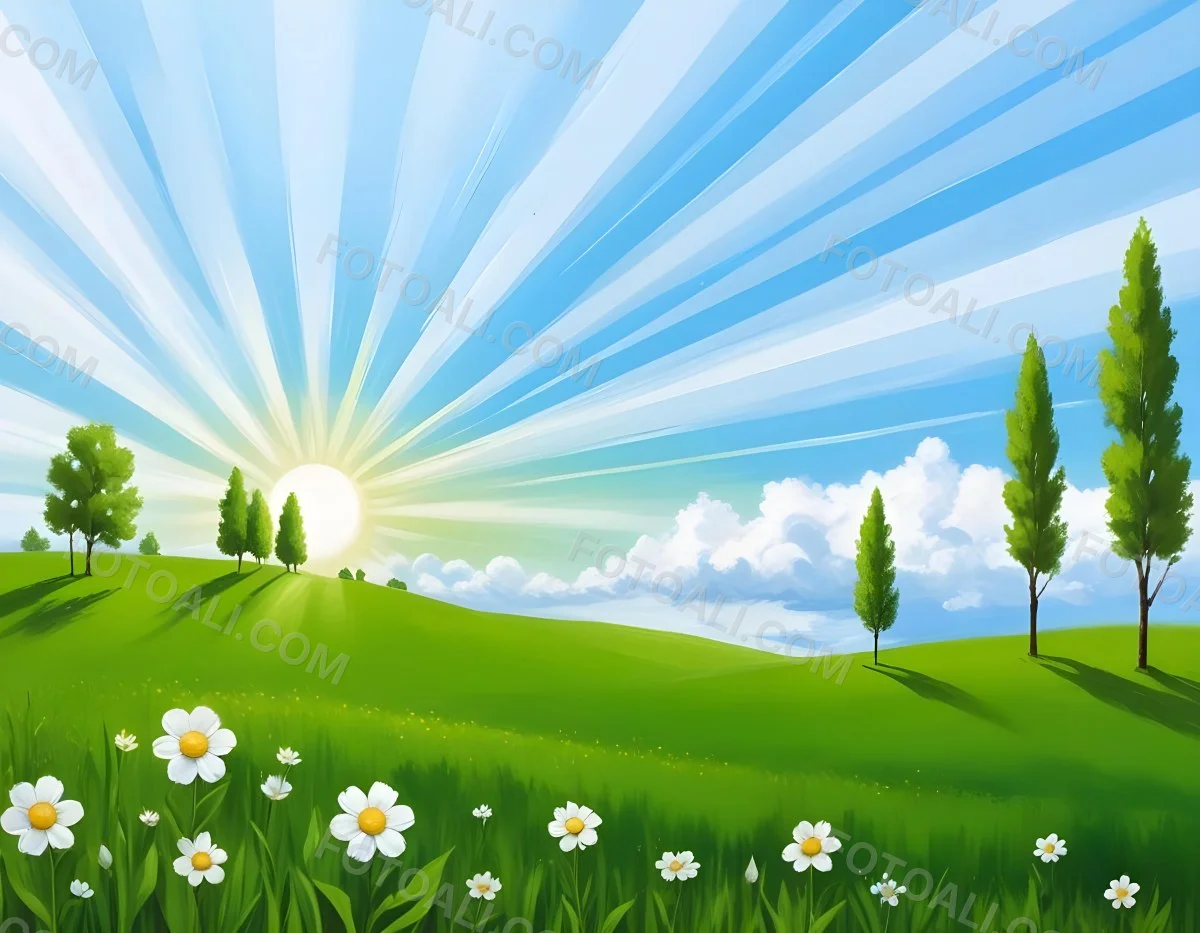 Digital Painting A Sunny Day With A Green Field White Flowers Green Trees A White Cloud And A Blue Sky With Sun Rays Bold And Slim Lines Brush Strokes 90 0542