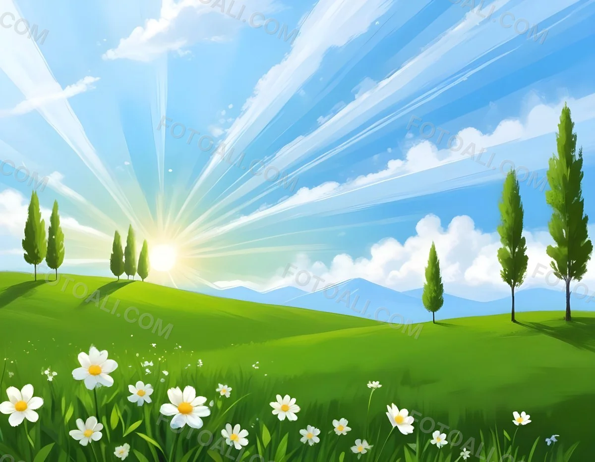 Digital Painting A Sunny Day With A Green Field White Flowers Green Trees A White Cloud And A Blue Sky With Sun Rays Bold And Slim Lines Brush Strokes 92 E728