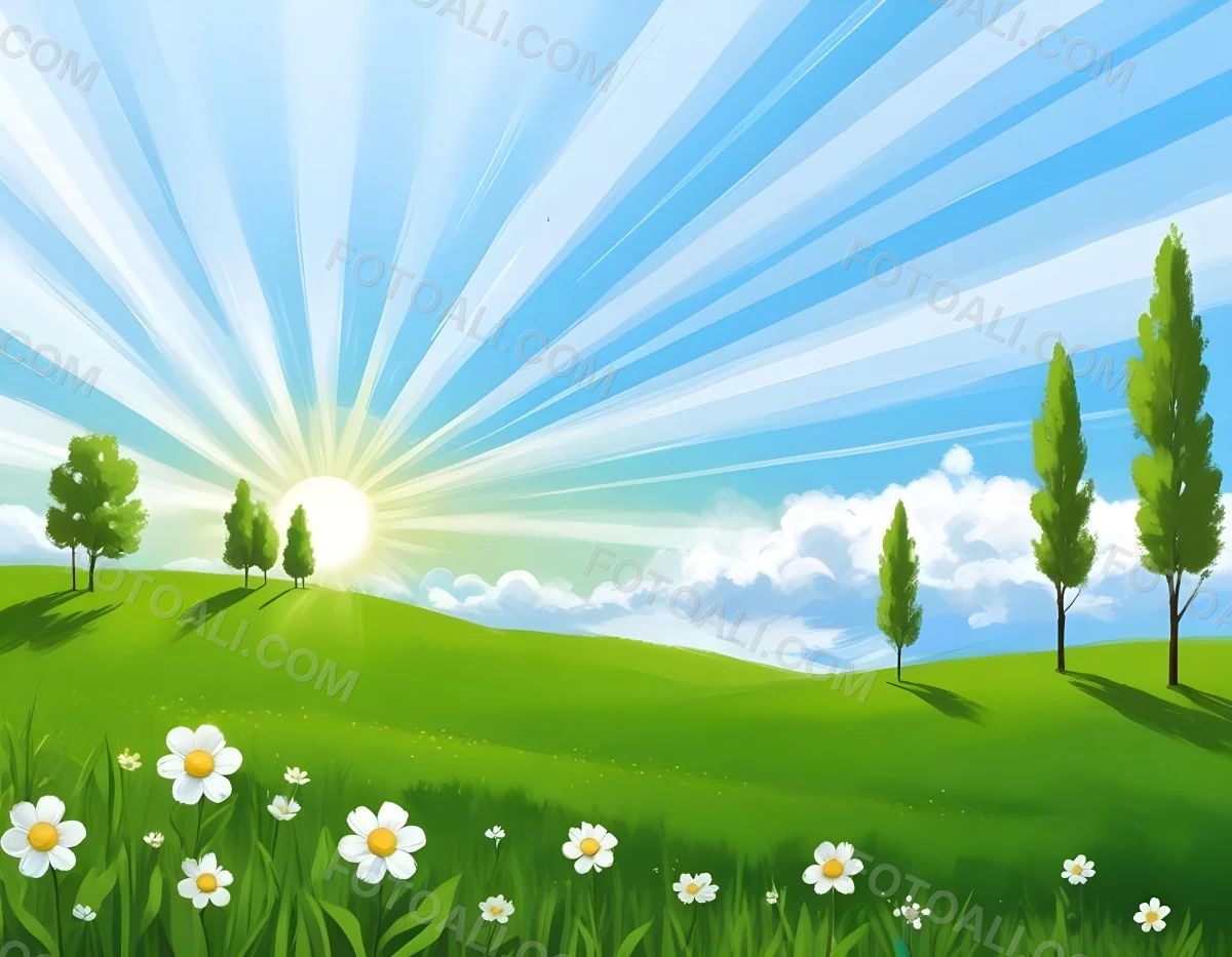 Digital Painting A Sunny Day With A Green Field White Flowers Green Trees A White Cloud And A Blue Sky With Sun Rays Bold And Slim Lines Brush Strokes 93 B35f
