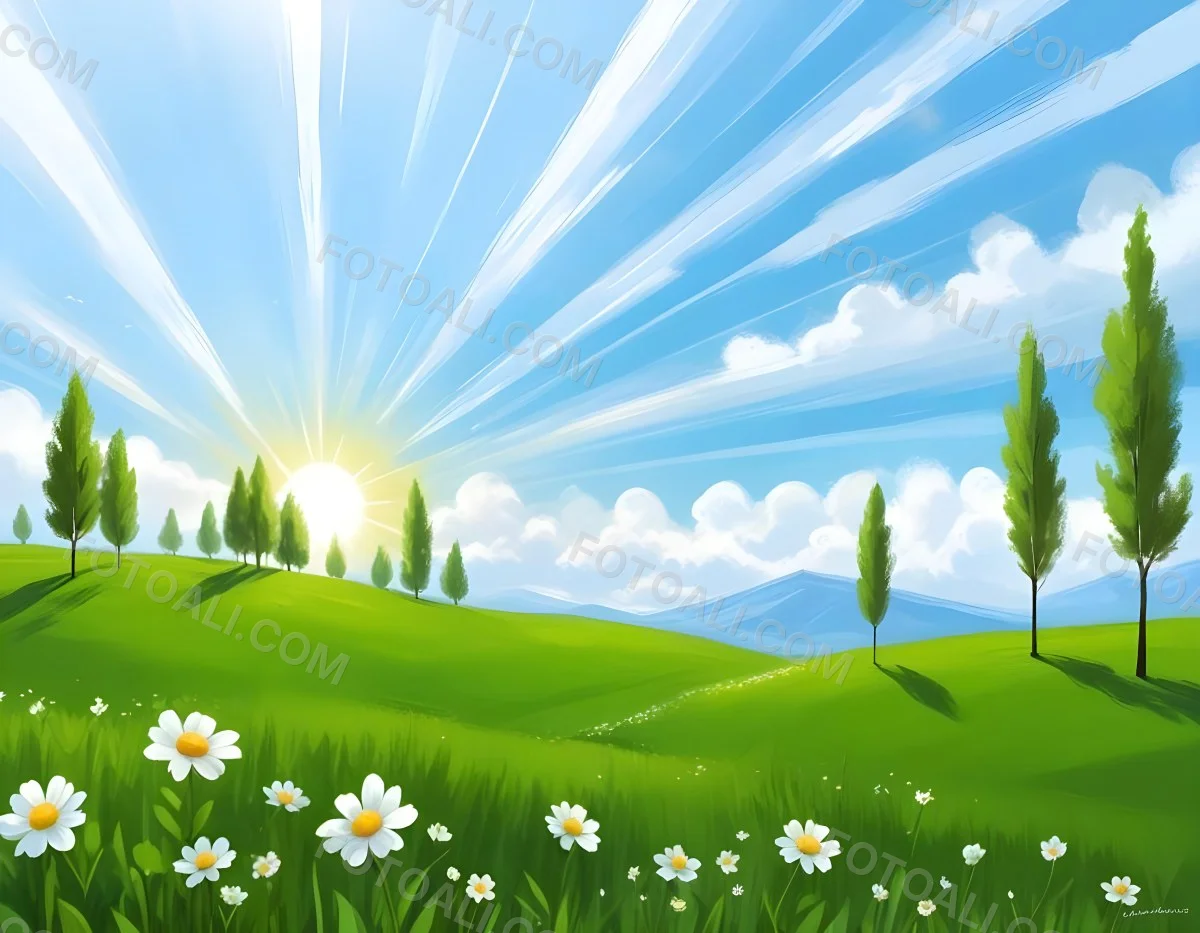 Digital Painting A Sunny Day With A Green Field White Flowers Green Trees A White Cloud And A Blue Sky With Sun Rays Bold And Slim Lines Brush Strokes 95 66ef
