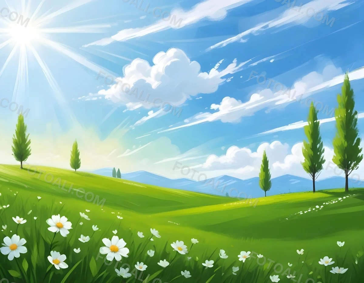 Digital Painting A Sunny Day With A Green Field White Flowers Green Trees A White Cloud And A Blue Sky With Sun Rays Bold And Slim Lines Brush Strokes 96 8171