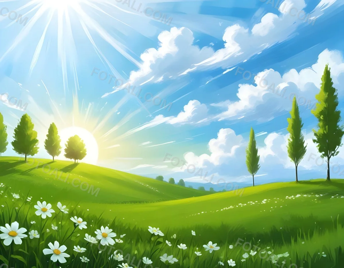 Digital Painting A Sunny Day With A Green Field White Flowers Green Trees A White Cloud And A Blue Sky With Sun Rays Bold And Slim Lines Brush Strokes 99 Feab