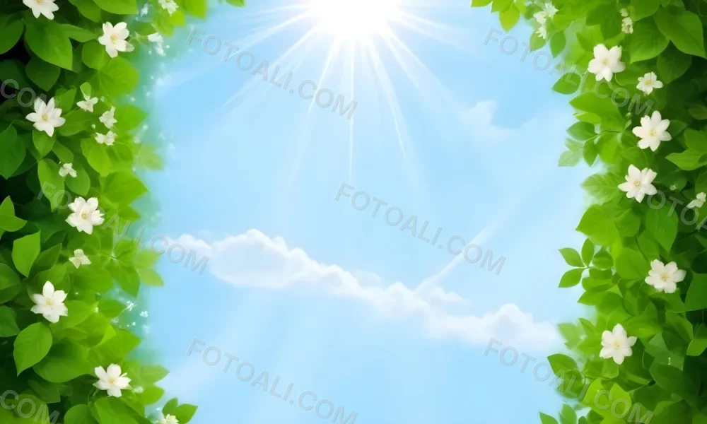 Digital Painting A Sunny Sky With Some Clouds And Green Leaves On The Borders Blue Light In The Center Light Blue Gradient Background Bold And Slim Lines Brush Strokes 10 9710