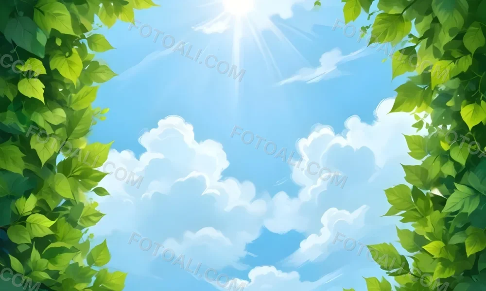 Digital Painting A Sunny Sky With Some Clouds And Green Leaves On The Borders Blue Light In The Center Light Blue Gradient Background Bold And Slim Lines Brush Strokes 14 8f66