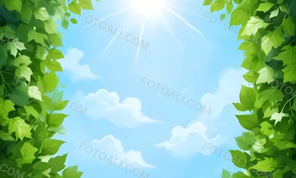 Digital Painting A Sunny Sky With Some Clouds And Green Leaves On The Borders Blue Light In The Center Light Blue Gradient Background Bold And Slim Lines Brush Strokes 23 6dd6