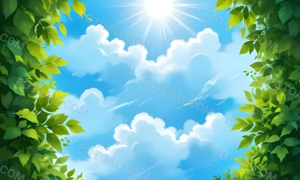 Digital Painting A Sunny Sky With Some Clouds And Green Leaves On The Borders Blue Light In The Center Light Blue Gradient Background Bold And Slim Lines Brush Strokes 29 F32c