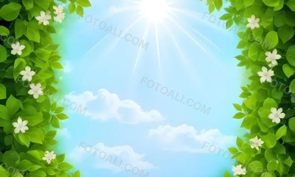 Digital Painting A Sunny Sky With Some Clouds And Green Leaves On The Borders Blue Light In The Center Light Blue Gradient Background Bold And Slim Lines Brush Strokes 32 Cc3b