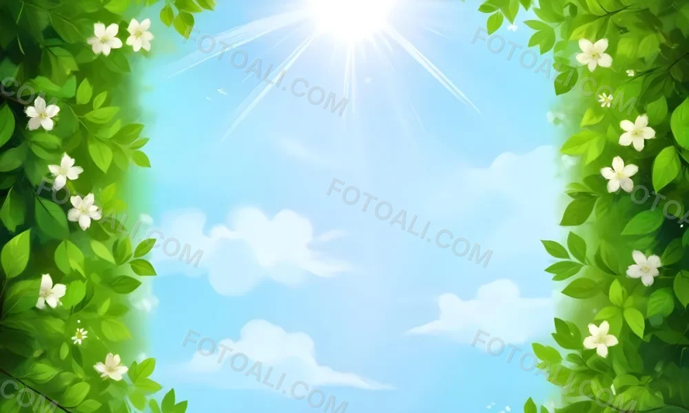 Digital Painting A Sunny Sky With Some Clouds And Green Leaves On The Borders Blue Light In The Center Light Blue Gradient Background Bold And Slim Lines Brush Strokes 37 492f