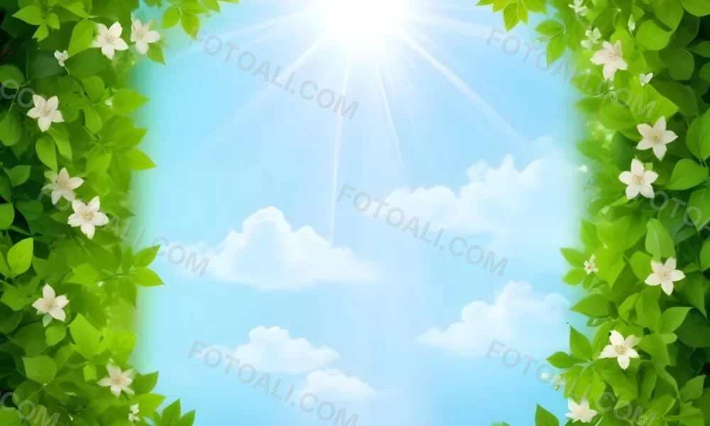 Digital Painting A Sunny Sky With Some Clouds And Green Leaves On The Borders Blue Light In The Center Light Blue Gradient Background Bold And Slim Lines Brush Strokes 38 05ea