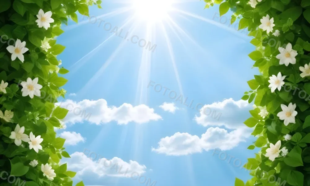 Digital Painting A Sunny Sky With Some Clouds And Green Leaves On The Borders Blue Light In The Center Light Blue Gradient Background Bold And Slim Lines Brush Strokes 41 C9cc