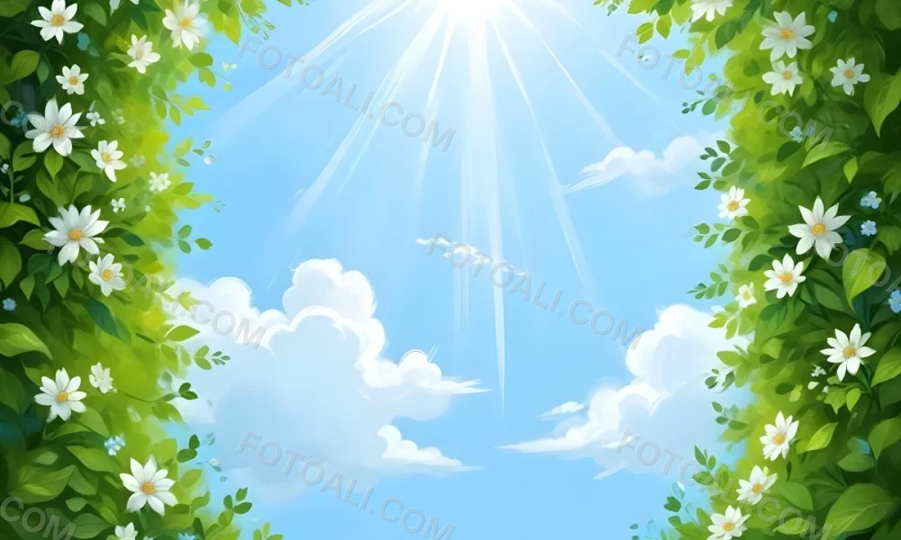 Digital Painting A Sunny Sky With Some Clouds And Green Leaves On The Borders Blue Light In The Center Light Blue Gradient Background Bold And Slim Lines Brush Strokes 46 C307