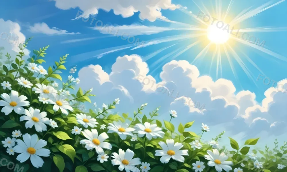 Digital Painting A Sunny Sky With Some Clouds And Green Leaves On The Borders Blue Light In The Center Light Blue Gradient Background Bold And Slim Lines Brush Strokes 5 2634
