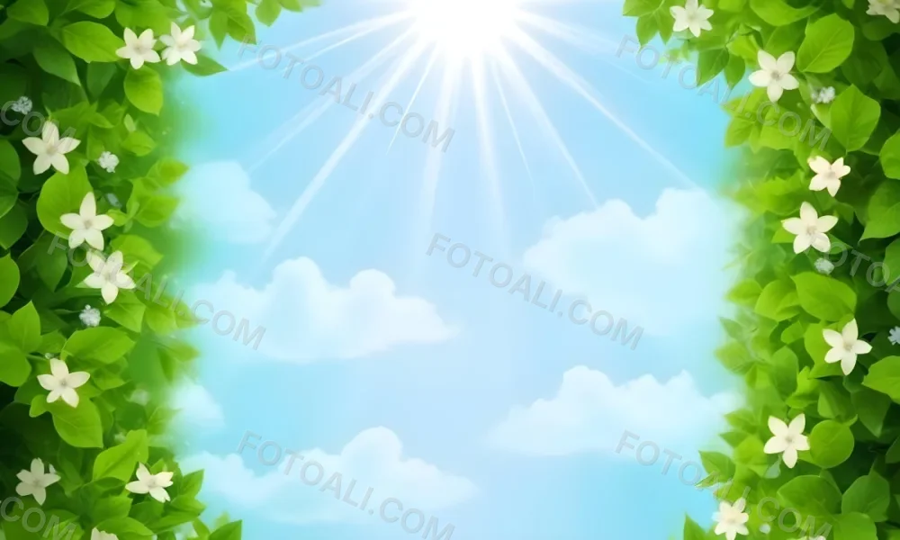 Digital Painting A Sunny Sky With Some Clouds And Green Leaves On The Borders Blue Light In The Center Light Blue Gradient Background Bold And Slim Lines Brush Strokes 51 4f20