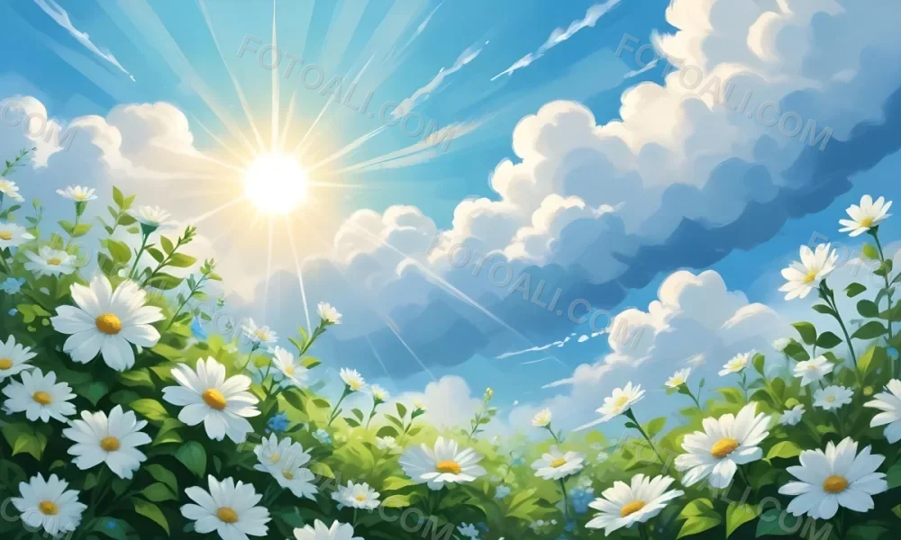 Digital Painting A Sunny Sky With Some Clouds And Green Leaves On The Borders Blue Light In The Center Light Blue Gradient Background Bold And Slim Lines Brush Strokes 52 7b6e