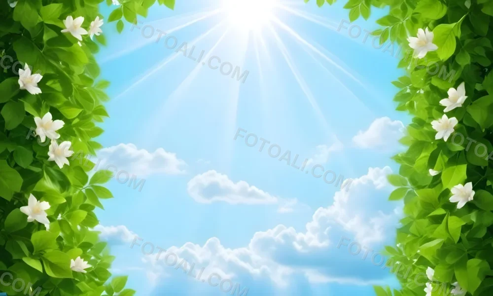 Digital Painting A Sunny Sky With Some Clouds And Green Leaves On The Borders Blue Light In The Center Light Blue Gradient Background Bold And Slim Lines Brush Strokes 53 7b5a