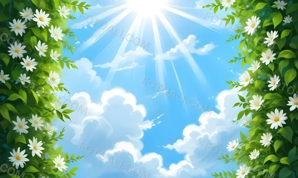 Digital Painting A Sunny Sky With Some Clouds And Green Leaves On The Borders Blue Light In The Center Light Blue Gradient Background Bold And Slim Lines Brush Strokes 54 F609