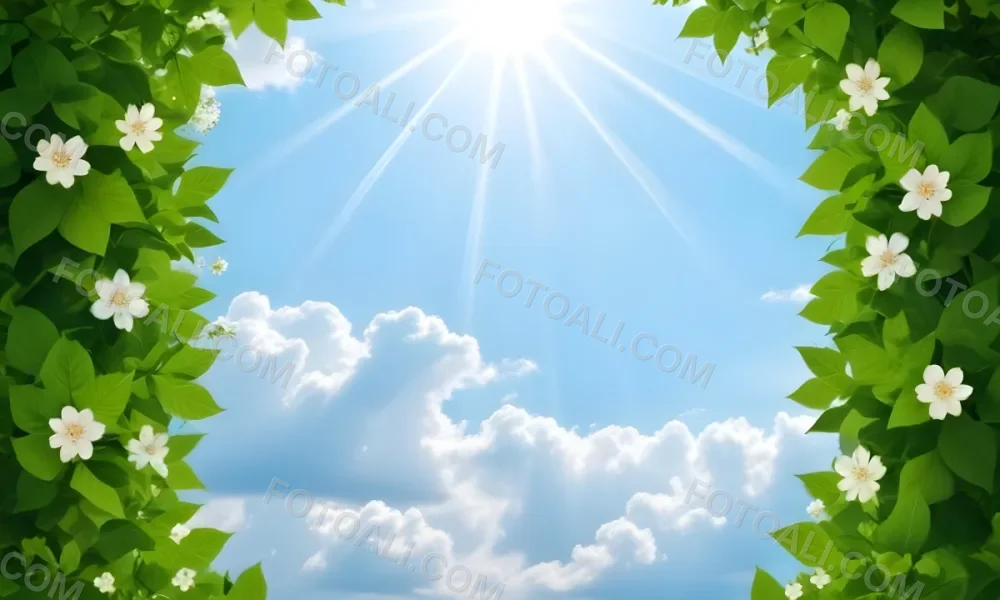 Digital Painting A Sunny Sky With Some Clouds And Green Leaves On The Borders Blue Light In The Center Light Blue Gradient Background Bold And Slim Lines Brush Strokes 55 9c7e