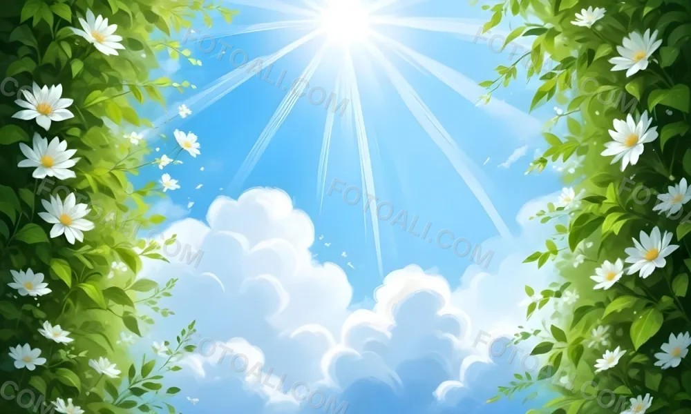 Digital Painting A Sunny Sky With Some Clouds And Green Leaves On The Borders Blue Light In The Center Light Blue Gradient Background Bold And Slim Lines Brush Strokes 56 D3f2