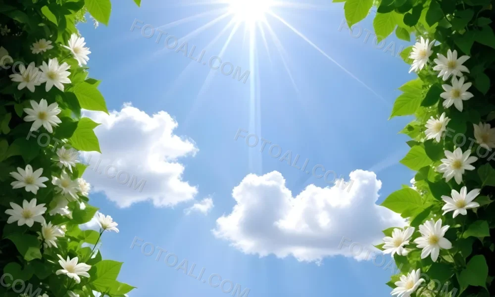 Digital Painting A Sunny Sky With Some Clouds And Green Leaves On The Borders Blue Light In The Center Light Blue Gradient Background Bold And Slim Lines Brush Strokes 57 D914