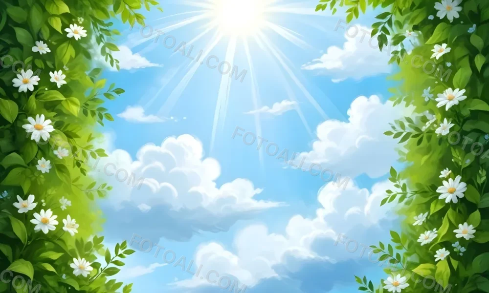 Digital Painting A Sunny Sky With Some Clouds And Green Leaves On The Borders Blue Light In The Center Light Blue Gradient Background Bold And Slim Lines Brush Strokes 58 E73d