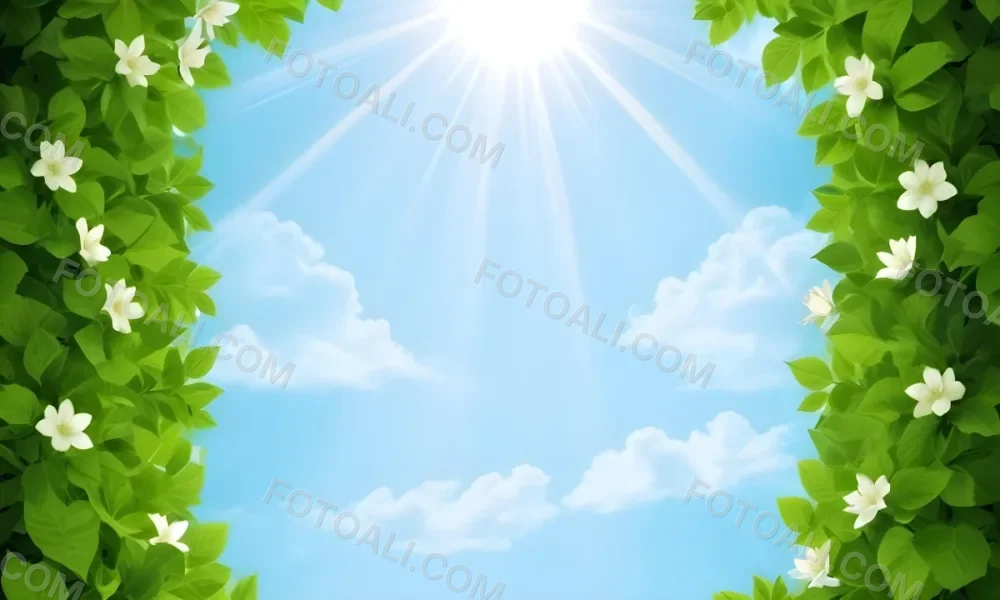 Digital Painting A Sunny Sky With Some Clouds And Green Leaves On The Borders Blue Light In The Center Light Blue Gradient Background Bold And Slim Lines Brush Strokes 59 4bba