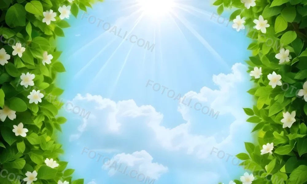 Digital Painting A Sunny Sky With Some Clouds And Green Leaves On The Borders Blue Light In The Center Light Blue Gradient Background Bold And Slim Lines Brush Strokes 6 0aa8