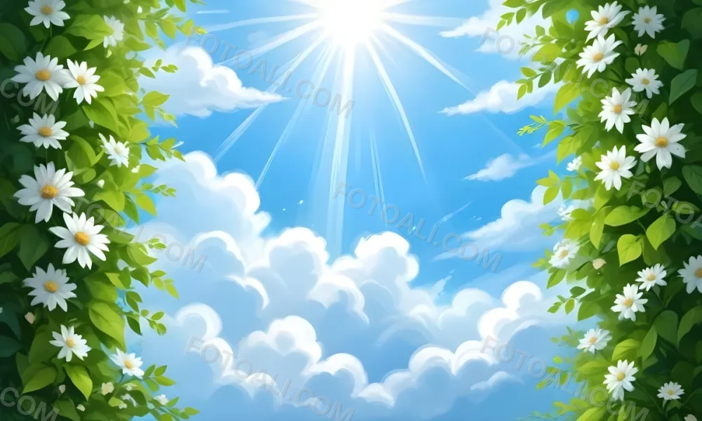 Digital Painting A Sunny Sky With Some Clouds And Green Leaves On The Borders Blue Light In The Center Light Blue Gradient Background Bold And Slim Lines Brush Strokes 7 C69b